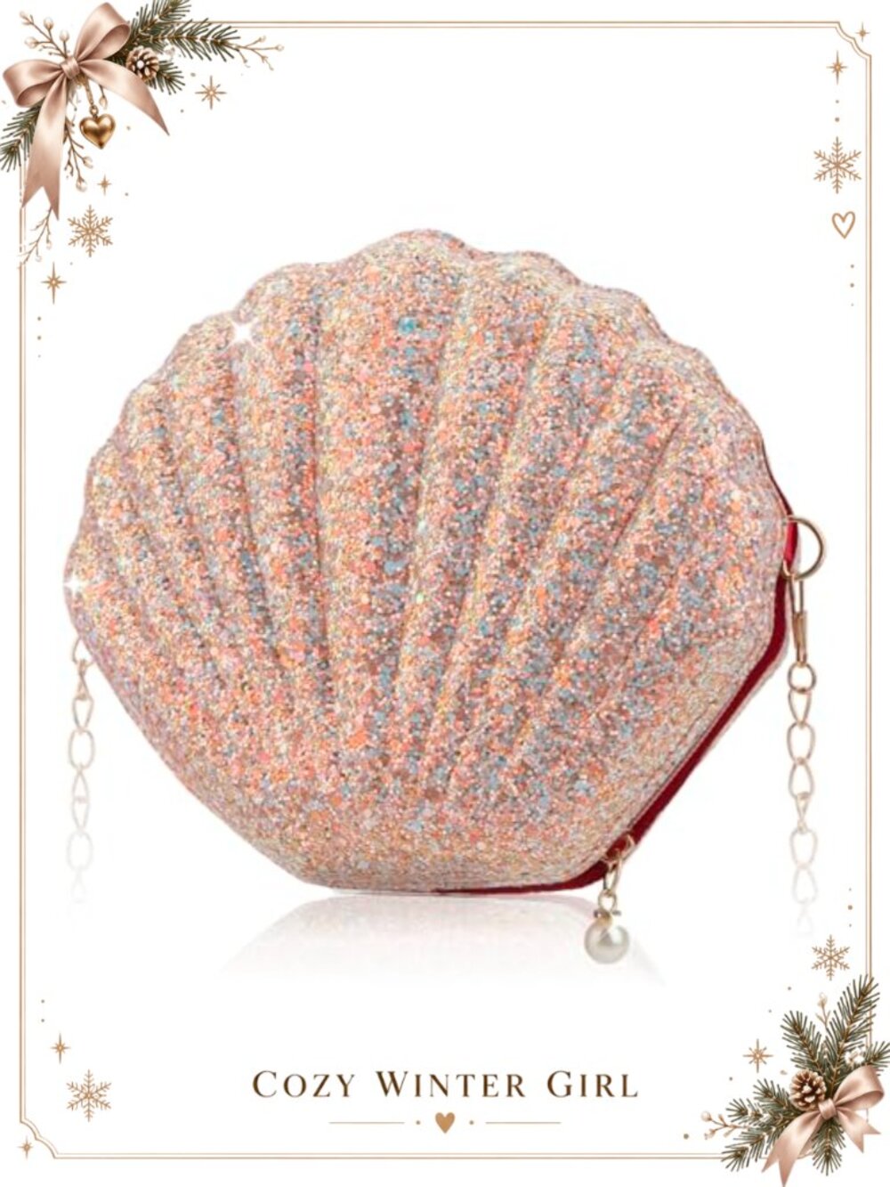 Shell Crossbody Purse Glitter Mermaid Seashell Bag Pearl Zip Clutch